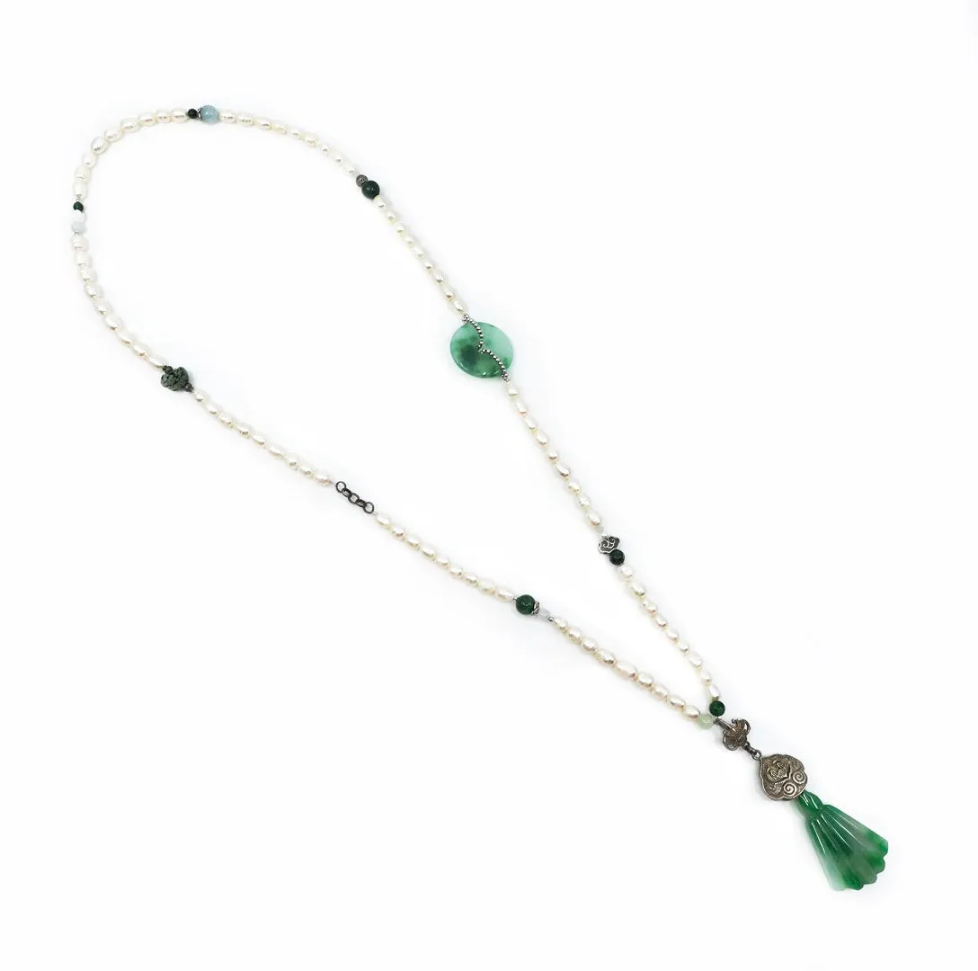 Lengthy Beaded Pearl Necklace with Jade Pendant