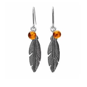 MILENA Drop Earrings Silver and Amber Feather