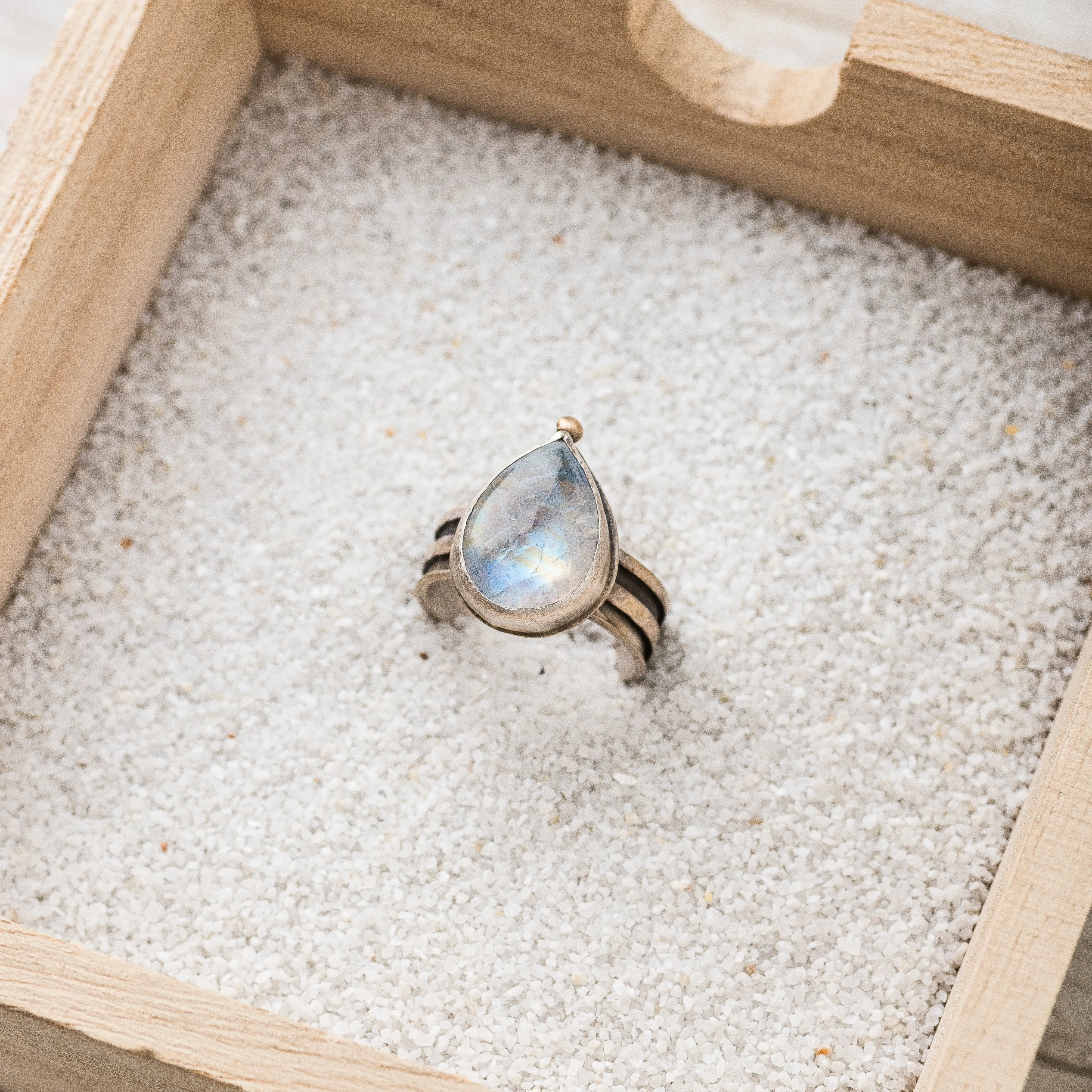 Moonstone Pear Ring with 14k Gold Accent on Striped Band