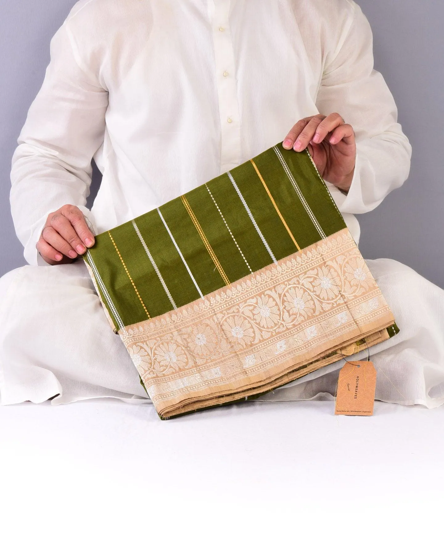 Olive Green Banarasi Sona Rupa Zari Stripes Kadhuan Brocade Handwoven Katan Silk Saree with Tasar Brocade Border Pallu