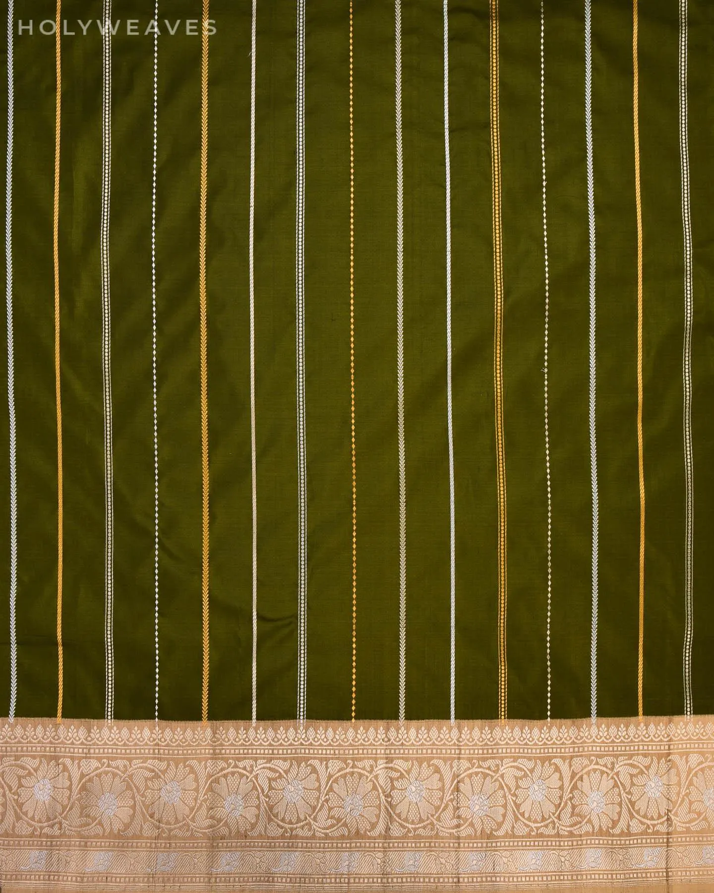 Olive Green Banarasi Sona Rupa Zari Stripes Kadhuan Brocade Handwoven Katan Silk Saree with Tasar Brocade Border Pallu