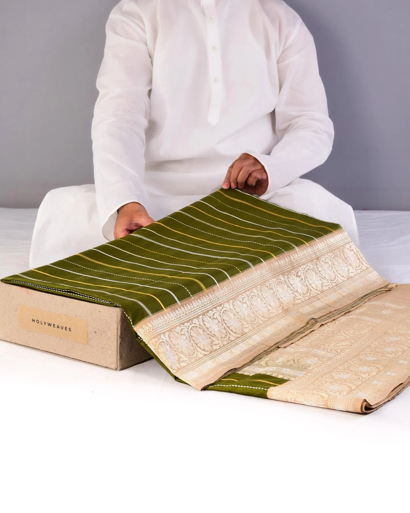 Olive Green Banarasi Sona Rupa Zari Stripes Kadhuan Brocade Handwoven Katan Silk Saree with Tasar Brocade Border Pallu