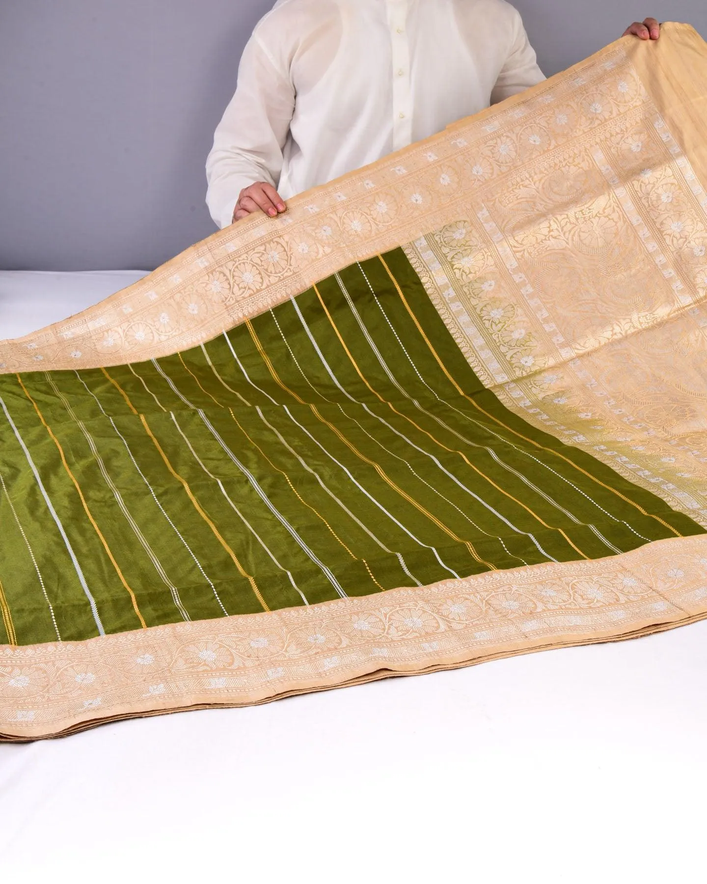 Olive Green Banarasi Sona Rupa Zari Stripes Kadhuan Brocade Handwoven Katan Silk Saree with Tasar Brocade Border Pallu