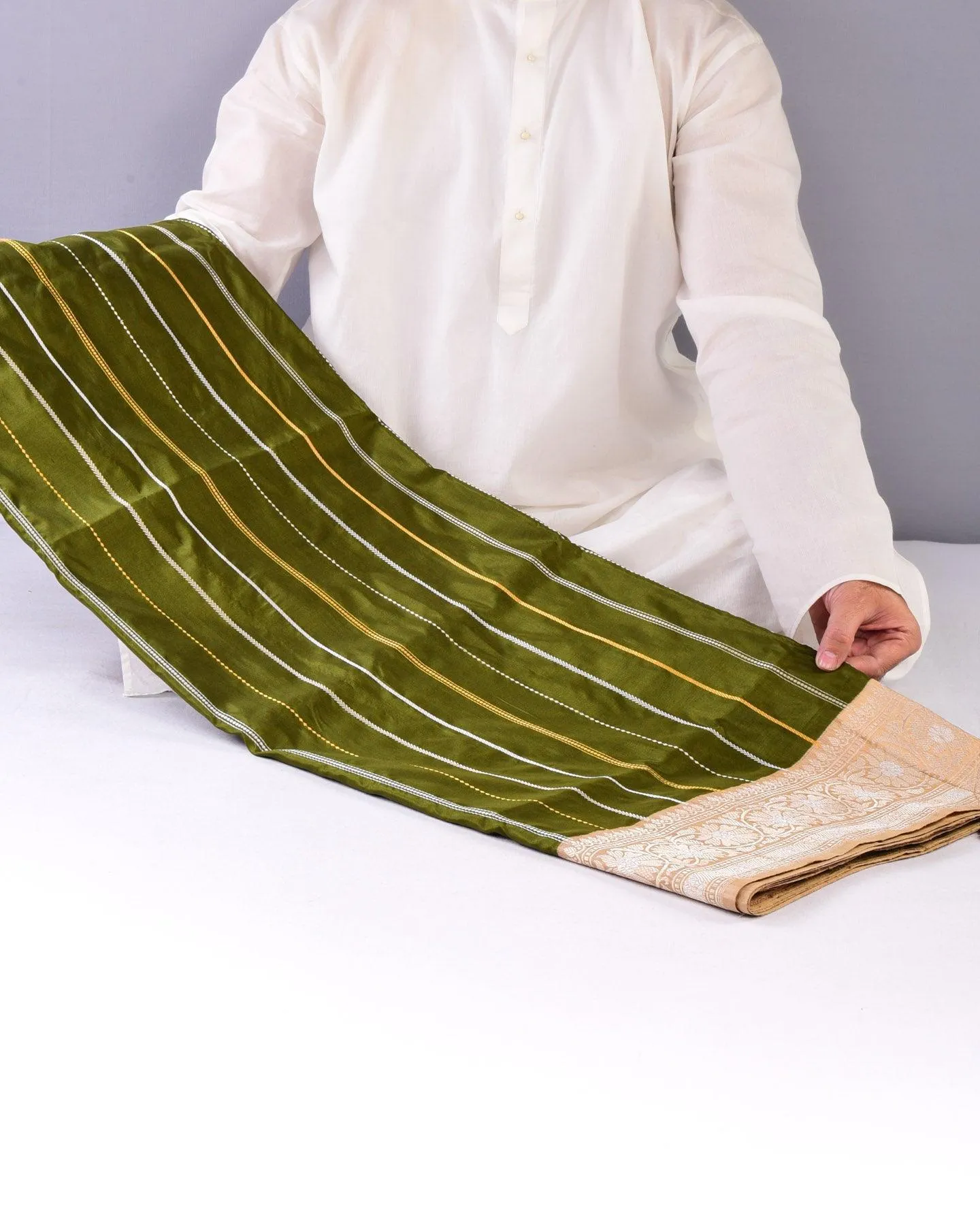 Olive Green Banarasi Sona Rupa Zari Stripes Kadhuan Brocade Handwoven Katan Silk Saree with Tasar Brocade Border Pallu