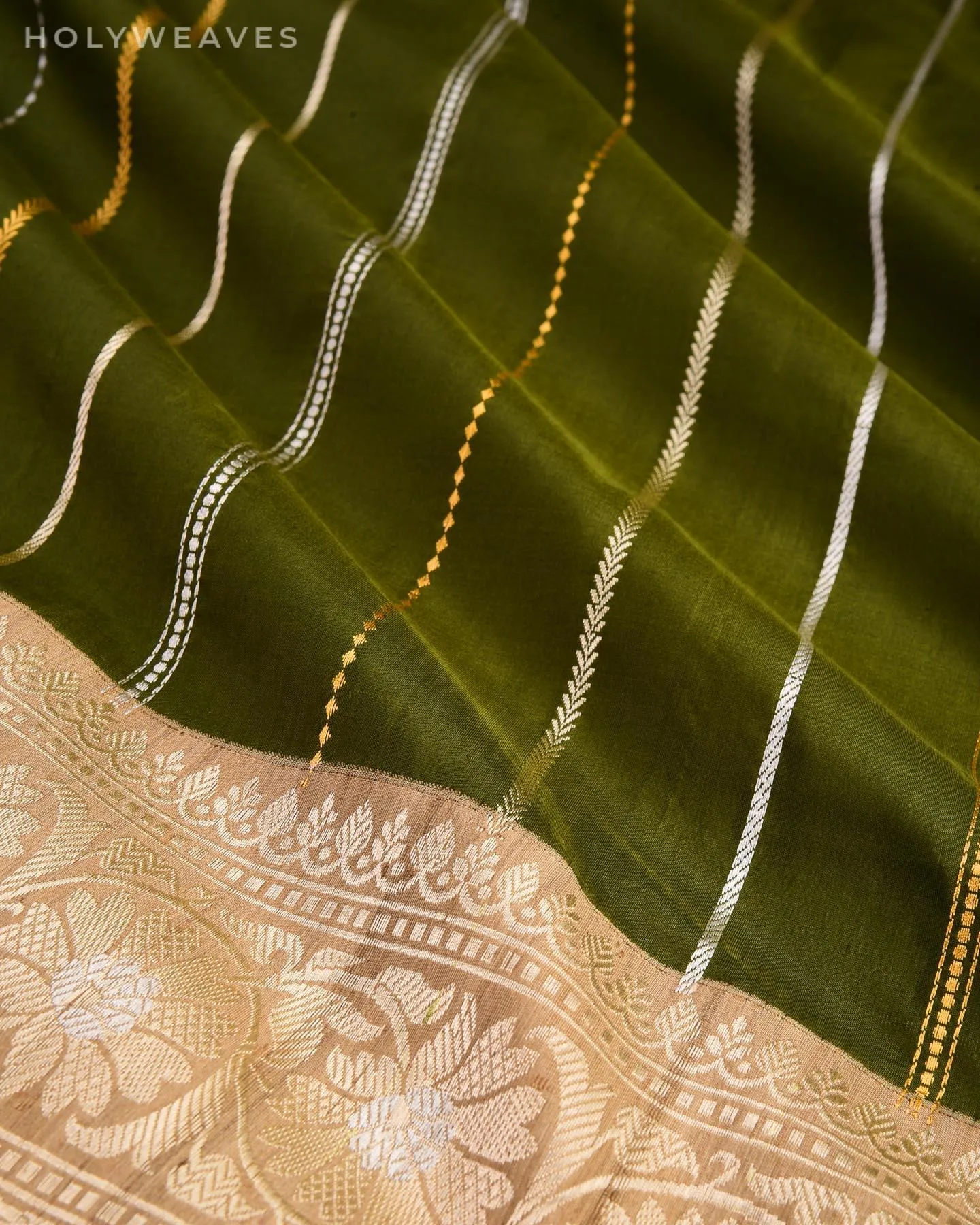 Olive Green Banarasi Sona Rupa Zari Stripes Kadhuan Brocade Handwoven Katan Silk Saree with Tasar Brocade Border Pallu