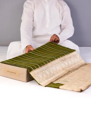 Olive Green Banarasi Sona Rupa Zari Stripes Kadhuan Brocade Handwoven Katan Silk Saree with Tasar Brocade Border Pallu