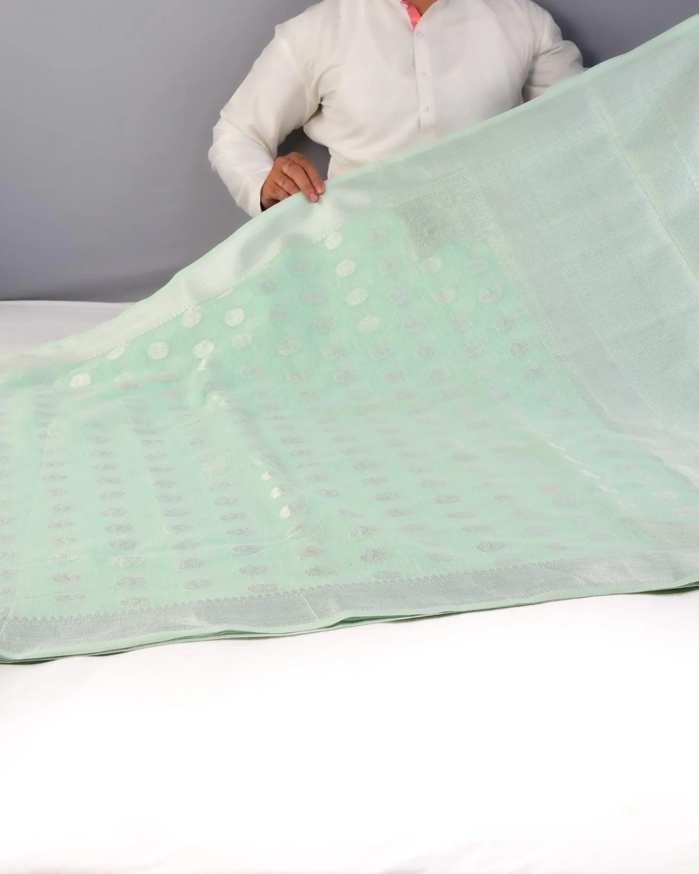 Pastel Blue Banarasi Linen Texture Silver Buti Cutwork Brocade Woven Cotton Silk Saree