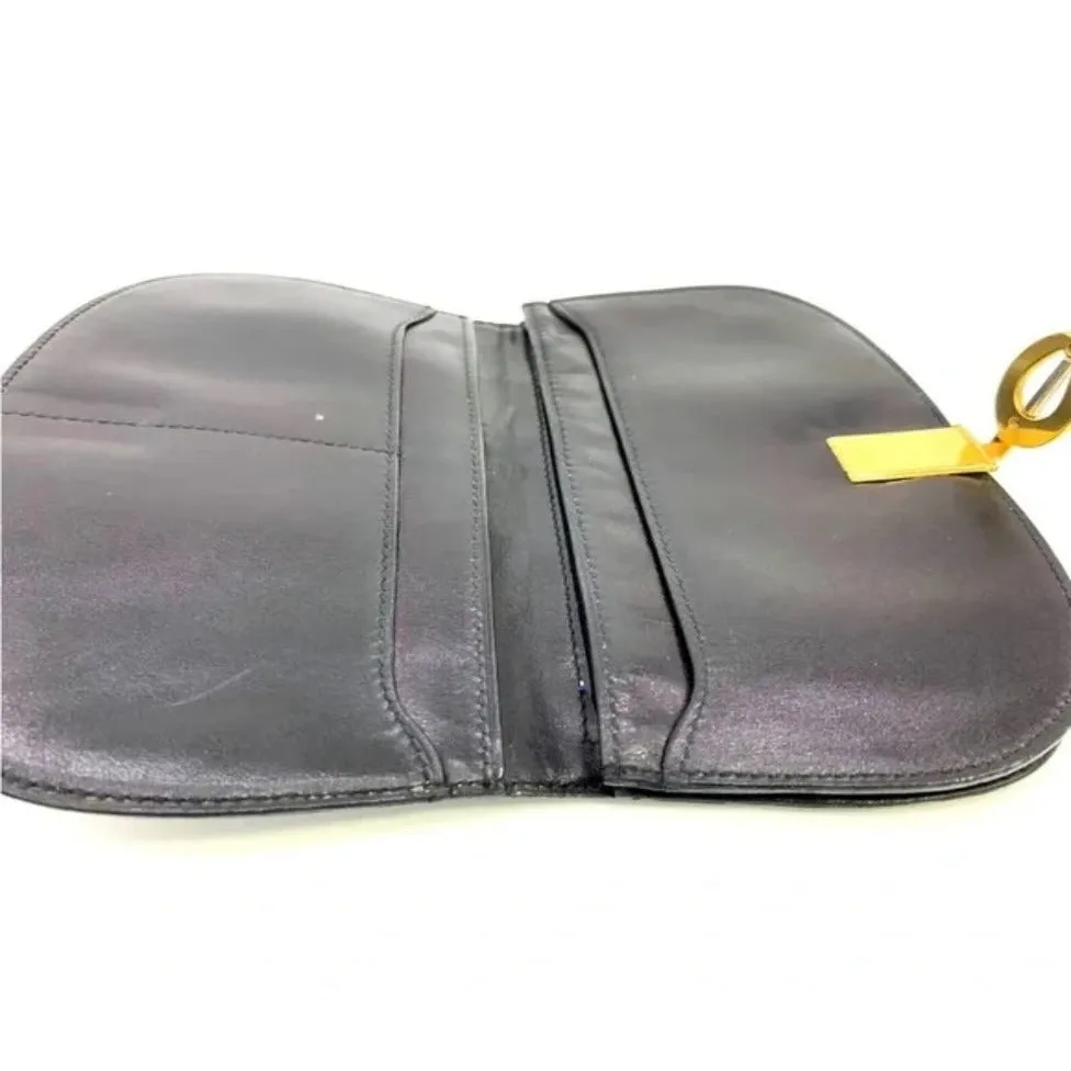 Rare, early Gucci, black Gucissima print canvas and black leather, semi-circular shape, wallet with an inlaid red and green Sherry stripe