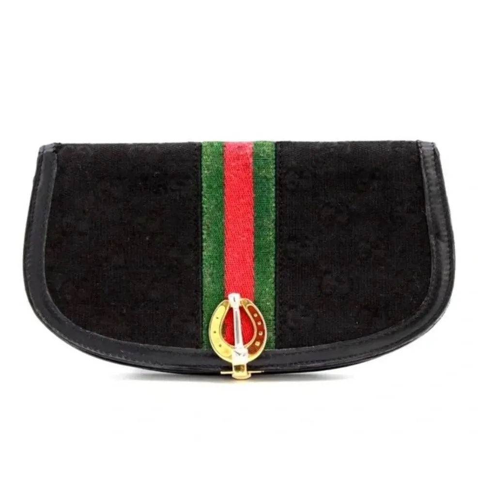 Rare, early Gucci, black Gucissima print canvas and black leather, semi-circular shape, wallet with an inlaid red and green Sherry stripe