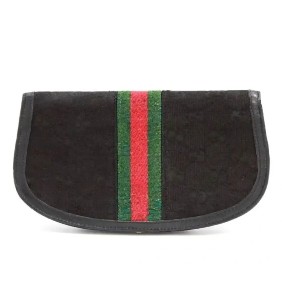 Rare, early Gucci, black Gucissima print canvas and black leather, semi-circular shape, wallet with an inlaid red and green Sherry stripe