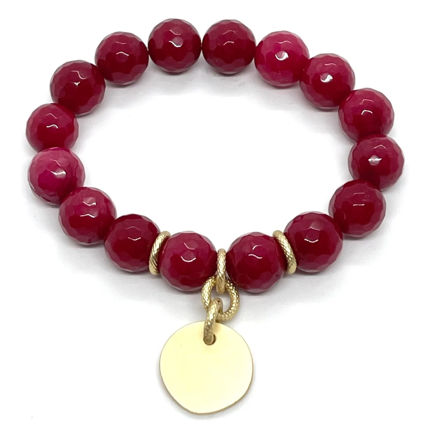 Red Jade Stretch Bracelet With Matte Gold Charm
