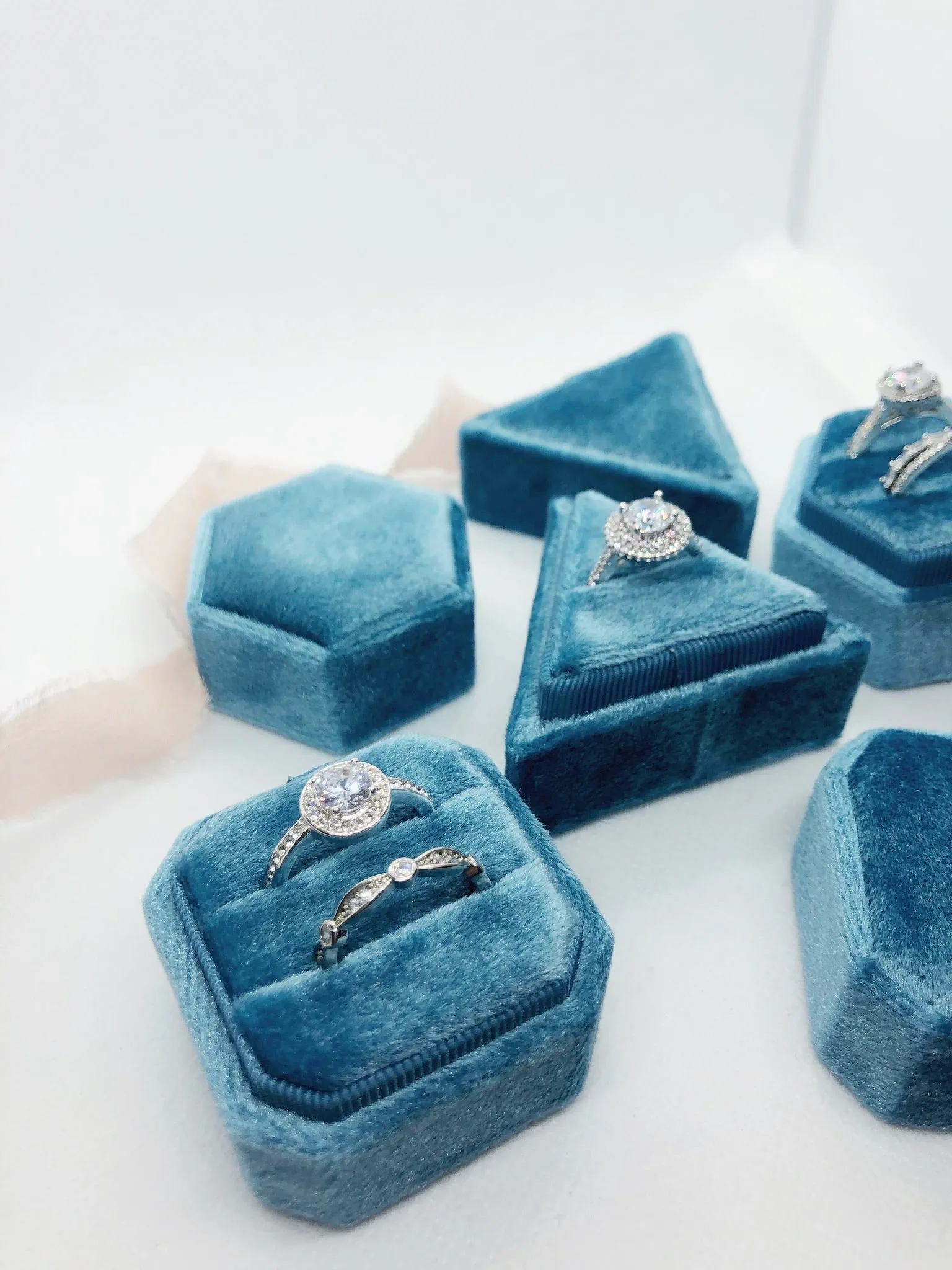 Sky Blue Velvet Square Octagon Ring Box - Clearance