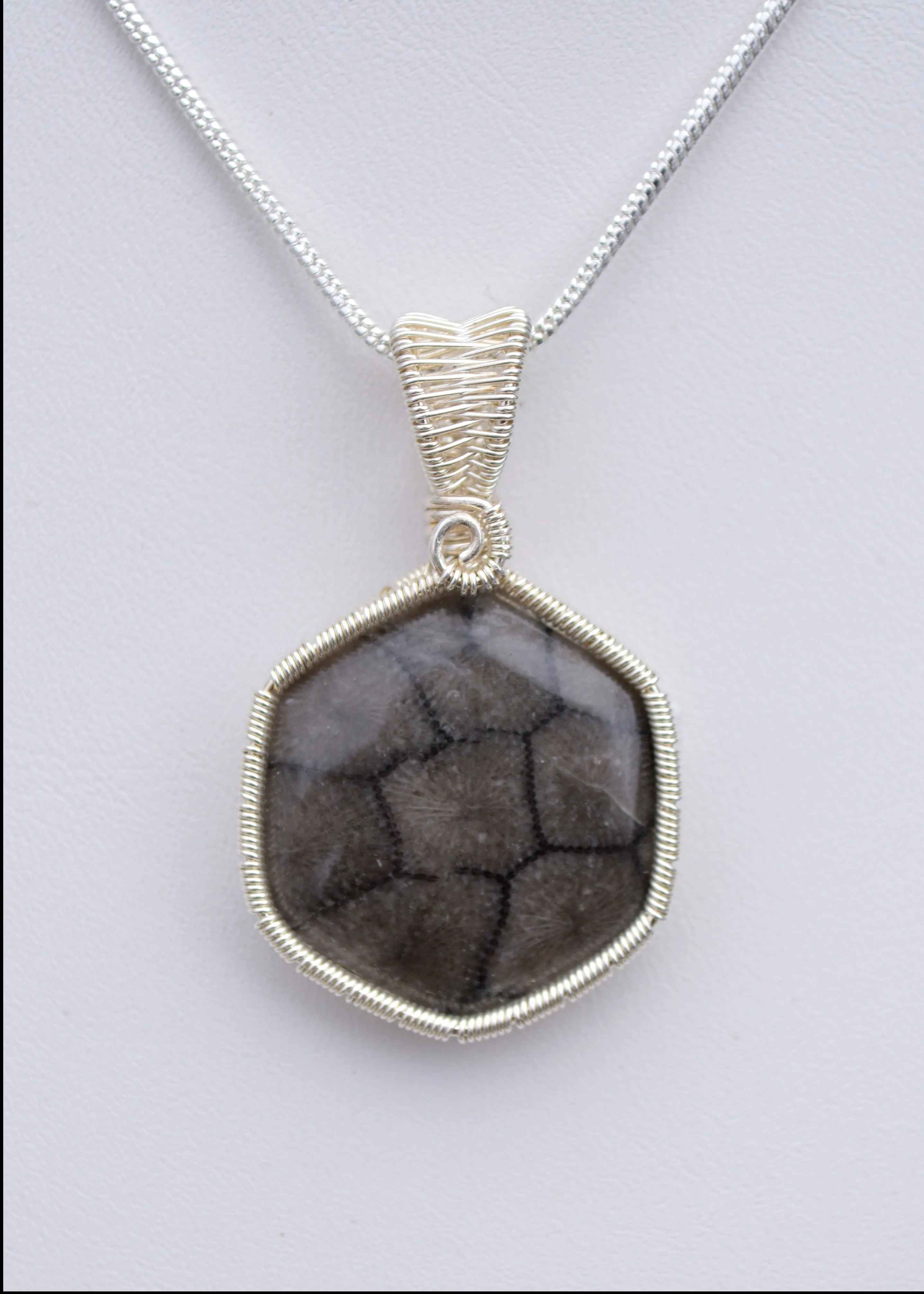 Sterling Silver Wire Wrapped Fossil Coral Necklace, Wire Wrapped Fossils