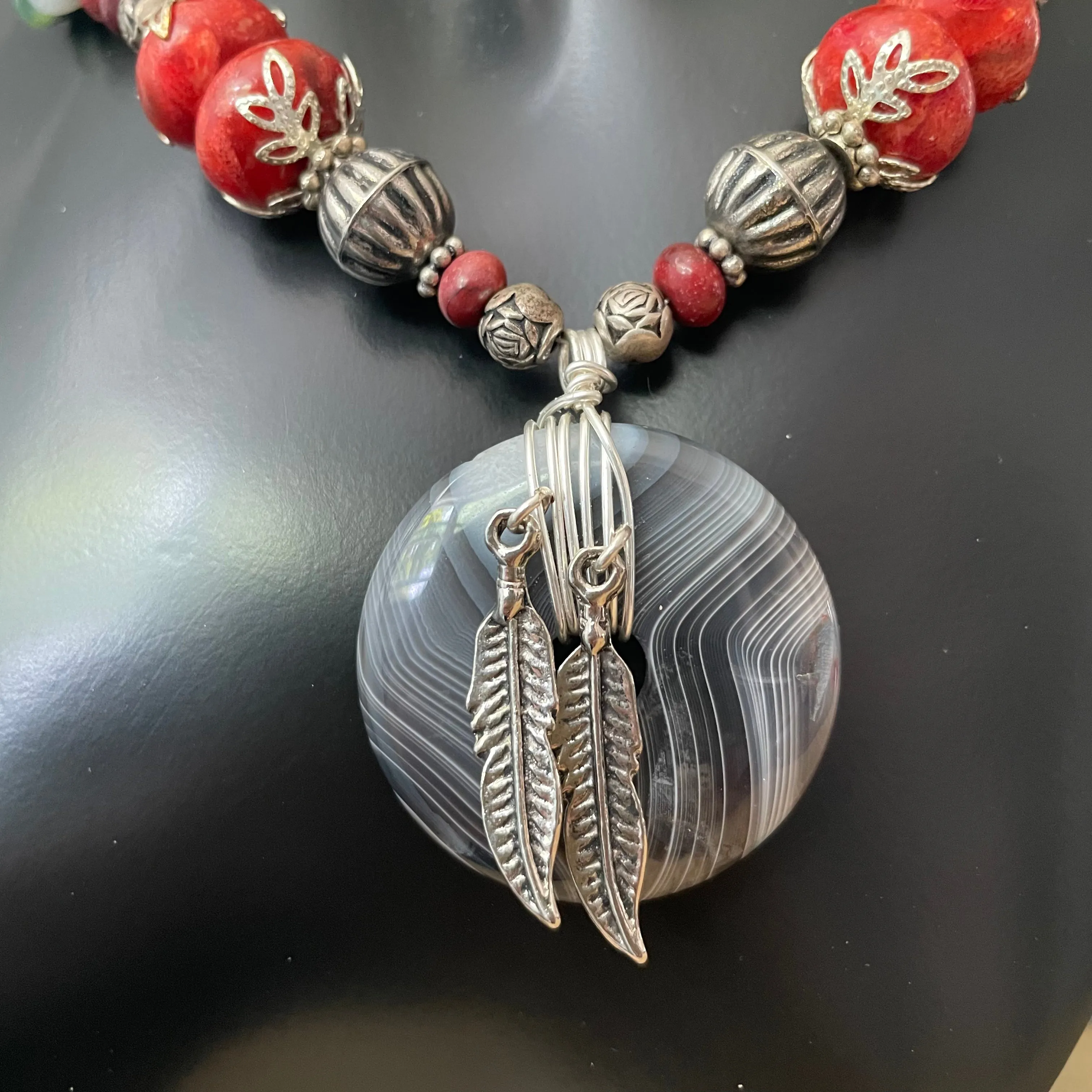 Swirling Agate & Feather Pendant Necklace 19" Jasper Coral Southwest Western Mixed Metal Wire Wrapped