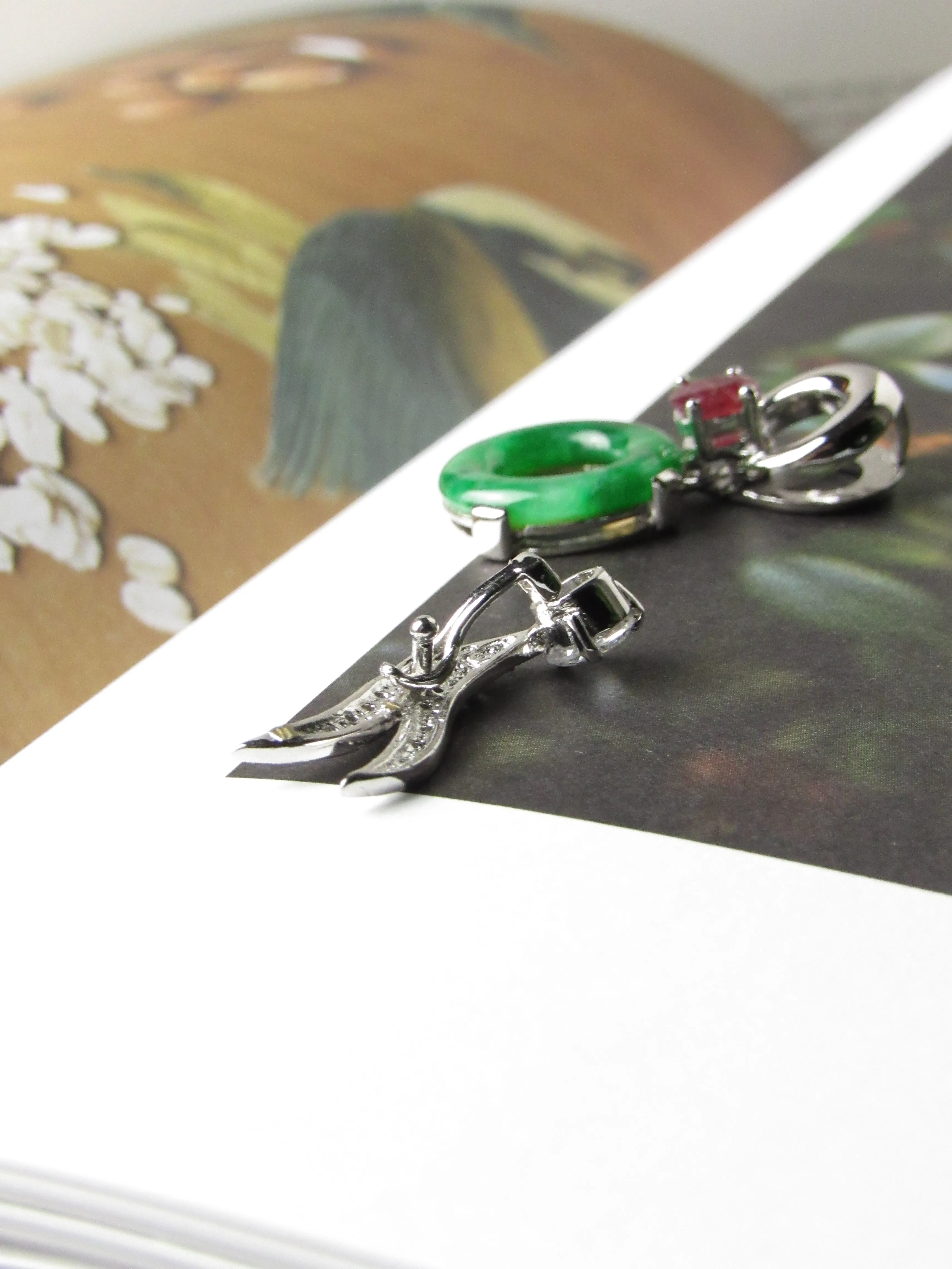 Vintage Jadeite Jade Lucky Donut with Red Ruby and Detachable Phenix Wings Pendant