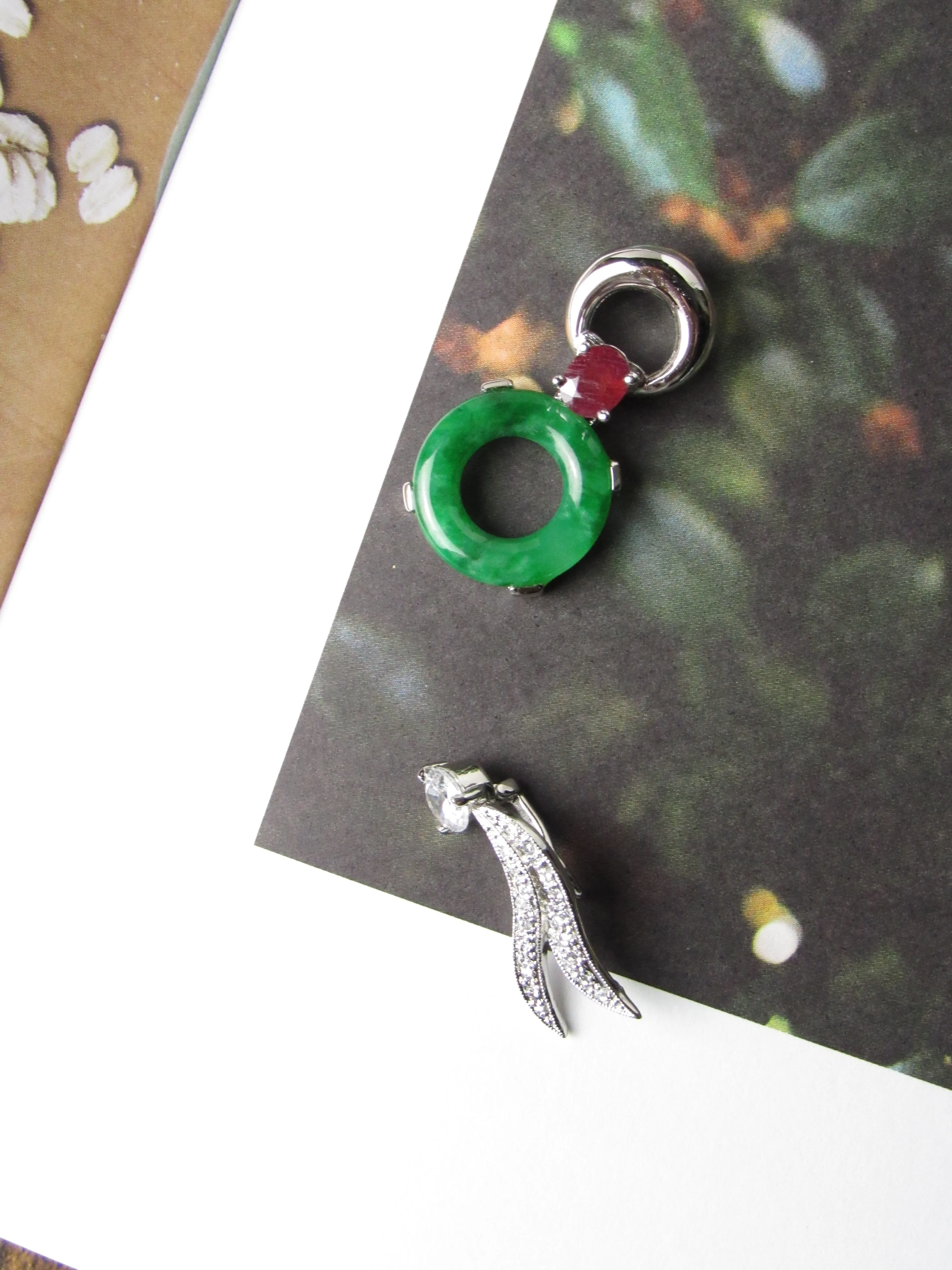 Vintage Jadeite Jade Lucky Donut with Red Ruby and Detachable Phenix Wings Pendant