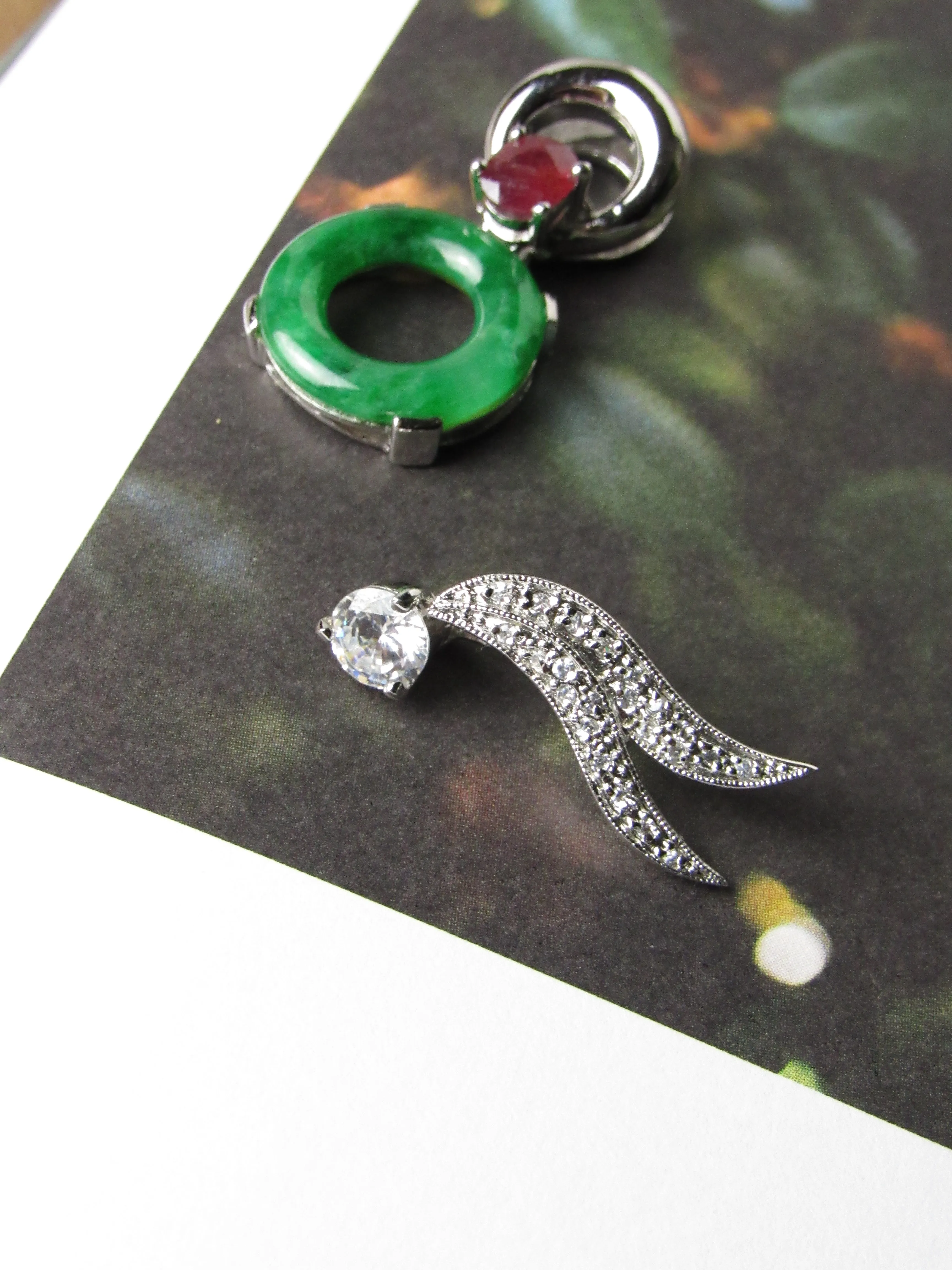 Vintage Jadeite Jade Lucky Donut with Red Ruby and Detachable Phenix Wings Pendant
