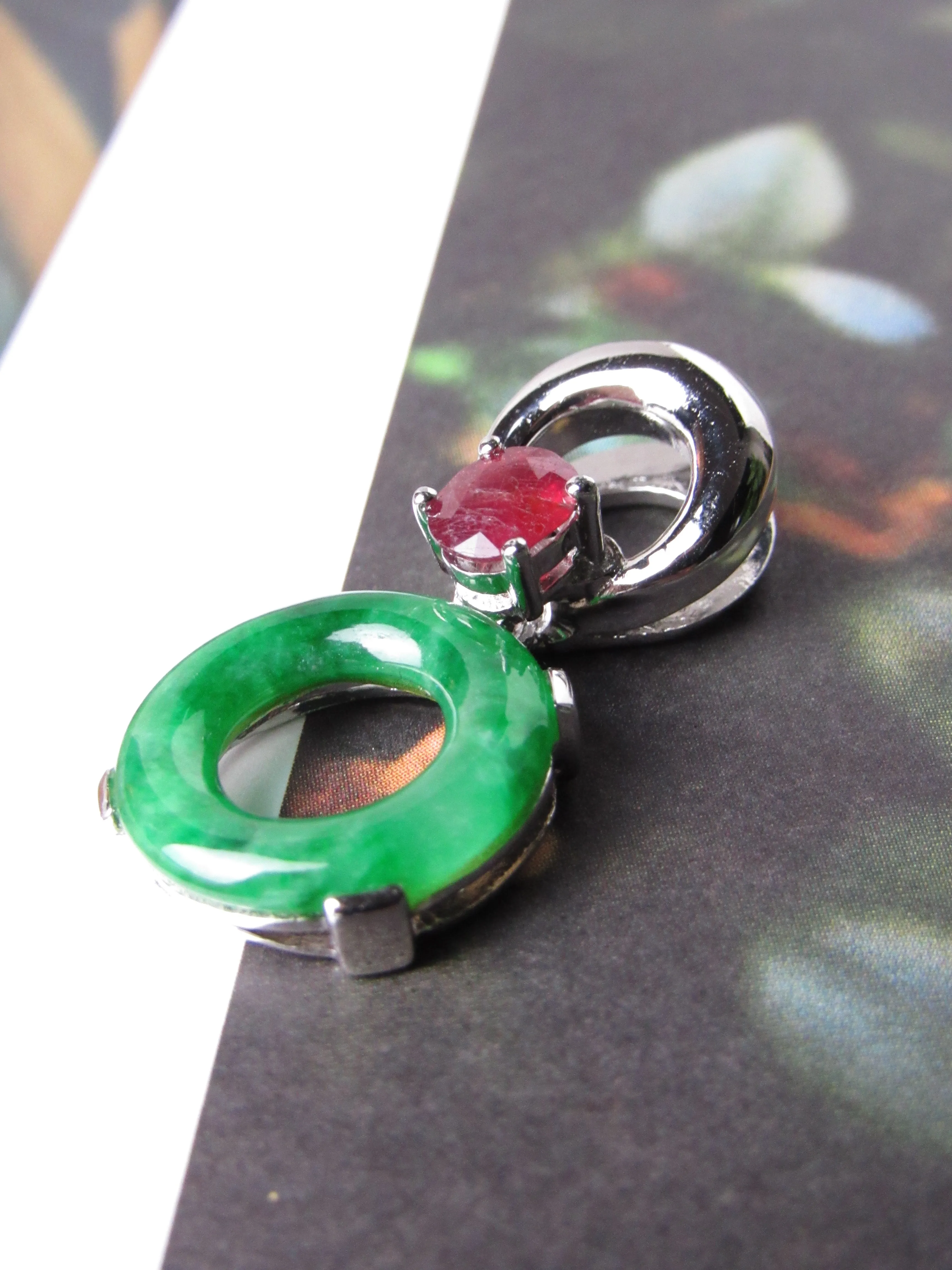 Vintage Jadeite Jade Lucky Donut with Red Ruby and Detachable Phenix Wings Pendant