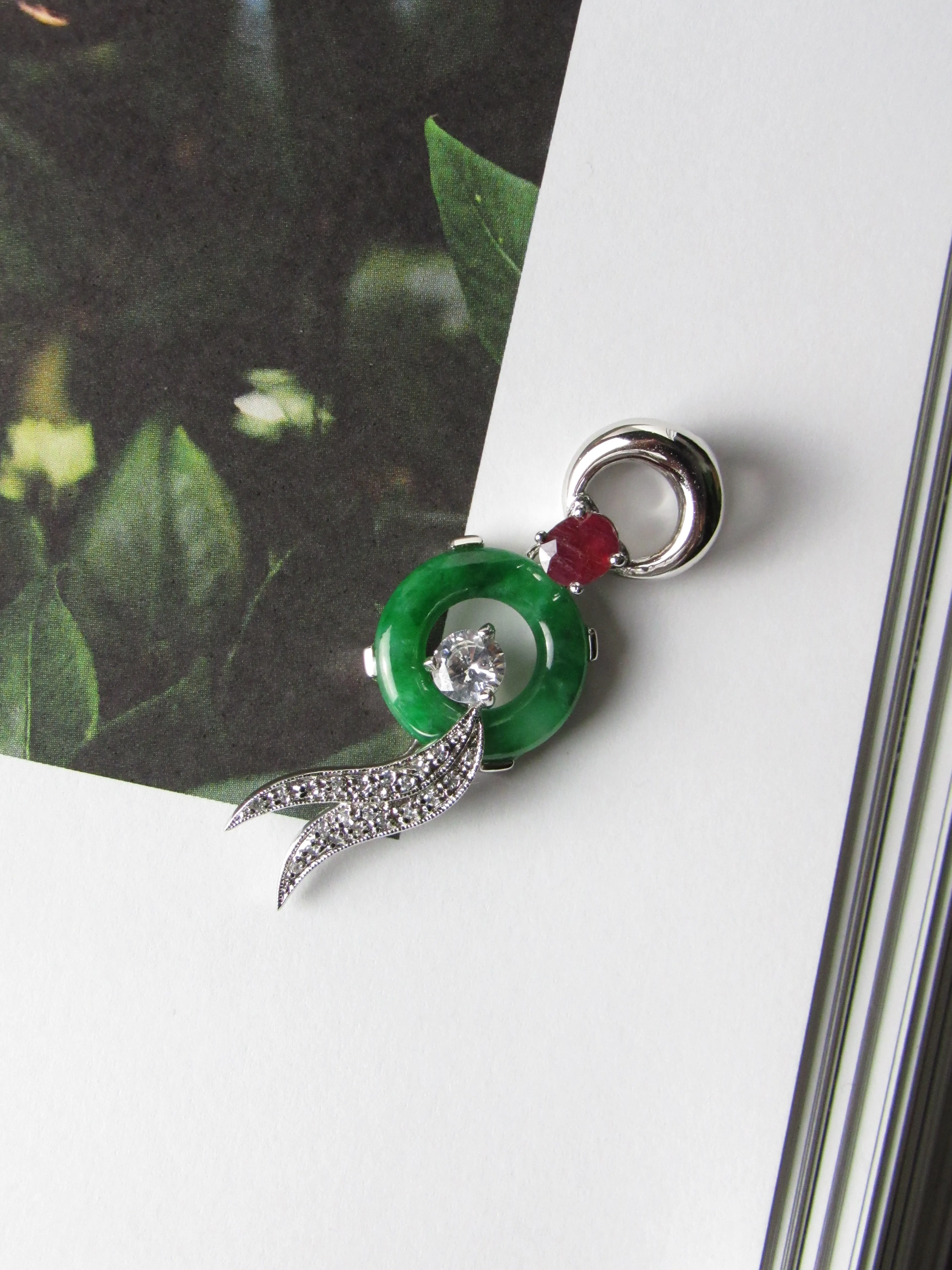 Vintage Jadeite Jade Lucky Donut with Red Ruby and Detachable Phenix Wings Pendant